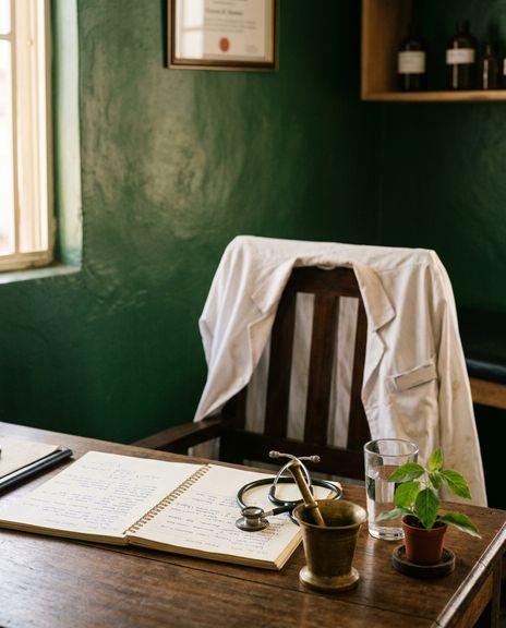 A pharmacist’s desk with an open clinical notebook, stethoscope and mortar